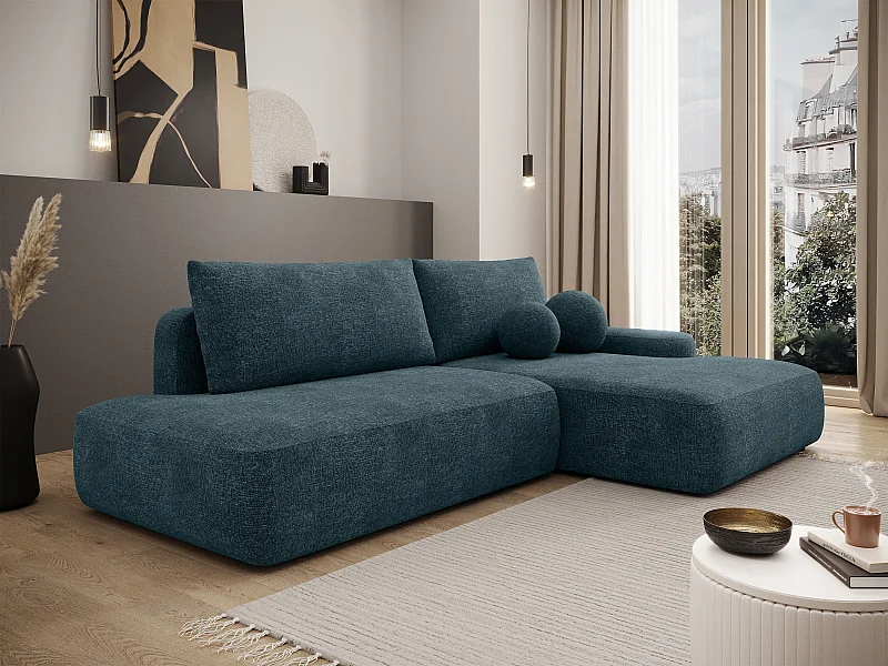 Canapé d'angle droit ouvert convertible en tissu texturé bleu DAVISO