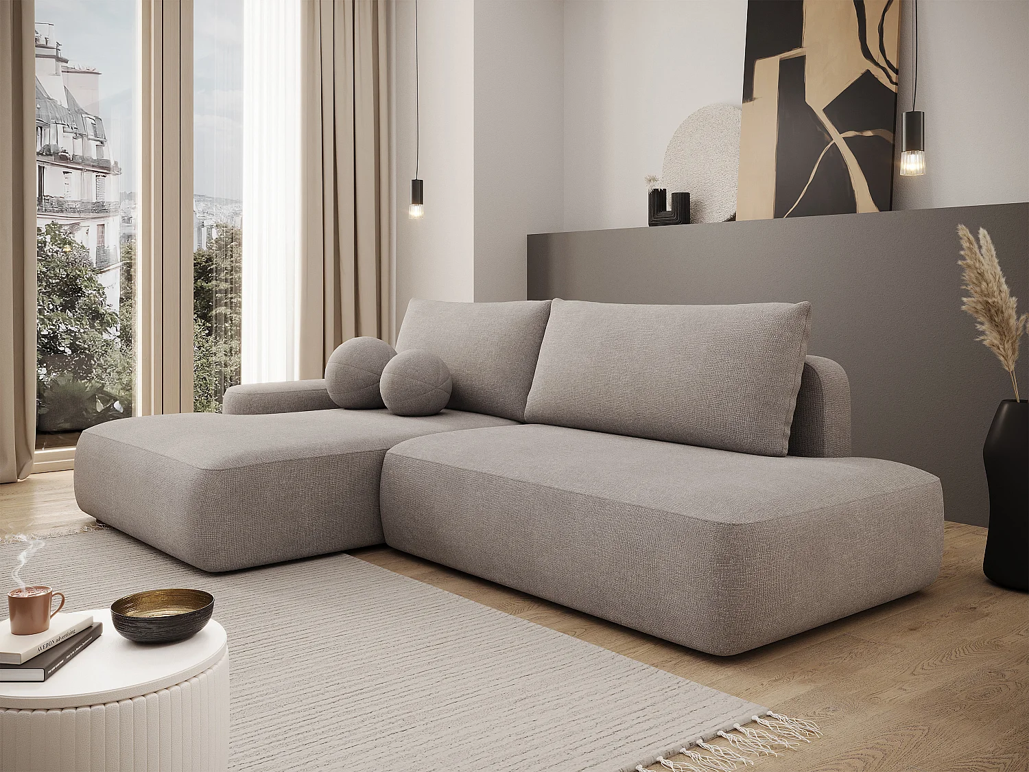 Canapé d'angle gauche ouvert convertible en tissu texturé taupe DAVISO