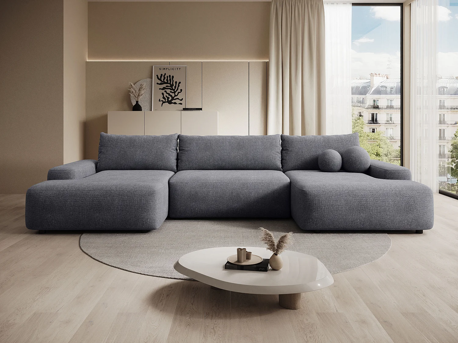 Grand canapé d'angle panoramique convertible en tissu texturé gris anthracite DAVISO