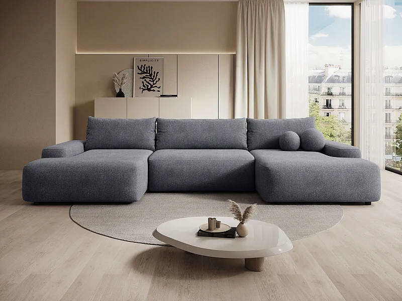 Grand canapé d'angle panoramique convertible en tissu texturé gris anthracite DAVISO