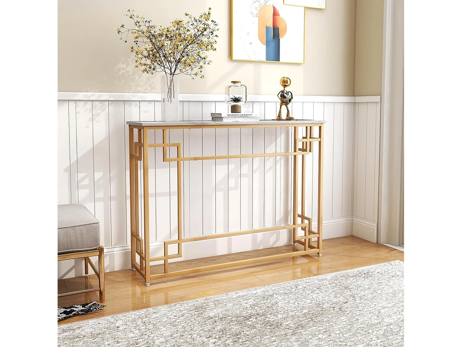 Consoletafel, marmer, goud, ingang, smal, haltafel met geometrisch metalen frame, bijzettafel, 110 x 30 x 81 cm, voor woonkamer, hal, entree VH33425