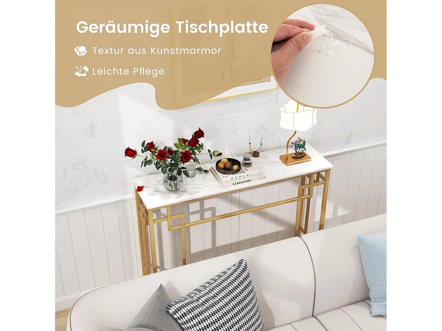 Consoletafel, marmer, goud, ingang, smal, haltafel met geometrisch metalen frame, bijzettafel, 110 x 30 x 81 cm, voor woonkamer, hal, entree VH33425