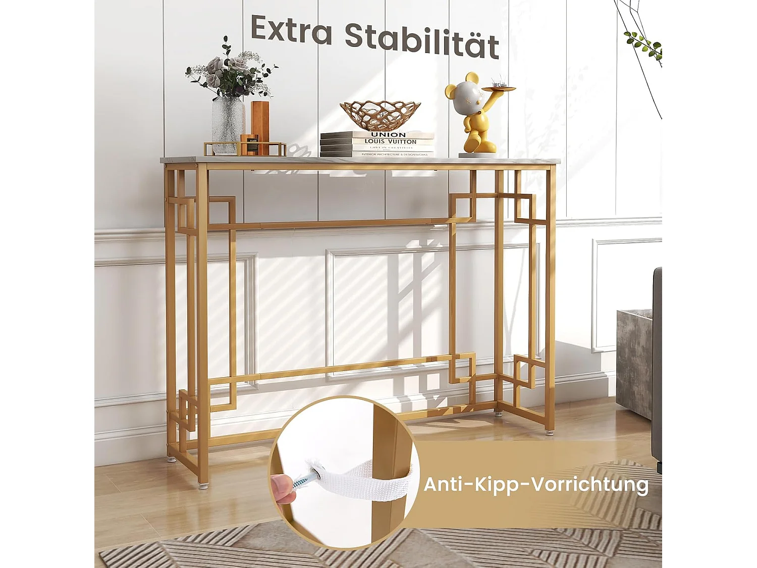 Consoletafel, marmer, goud, ingang, smal, haltafel met geometrisch metalen frame, bijzettafel, 110 x 30 x 81 cm, voor woonkamer, hal, entree VH33425