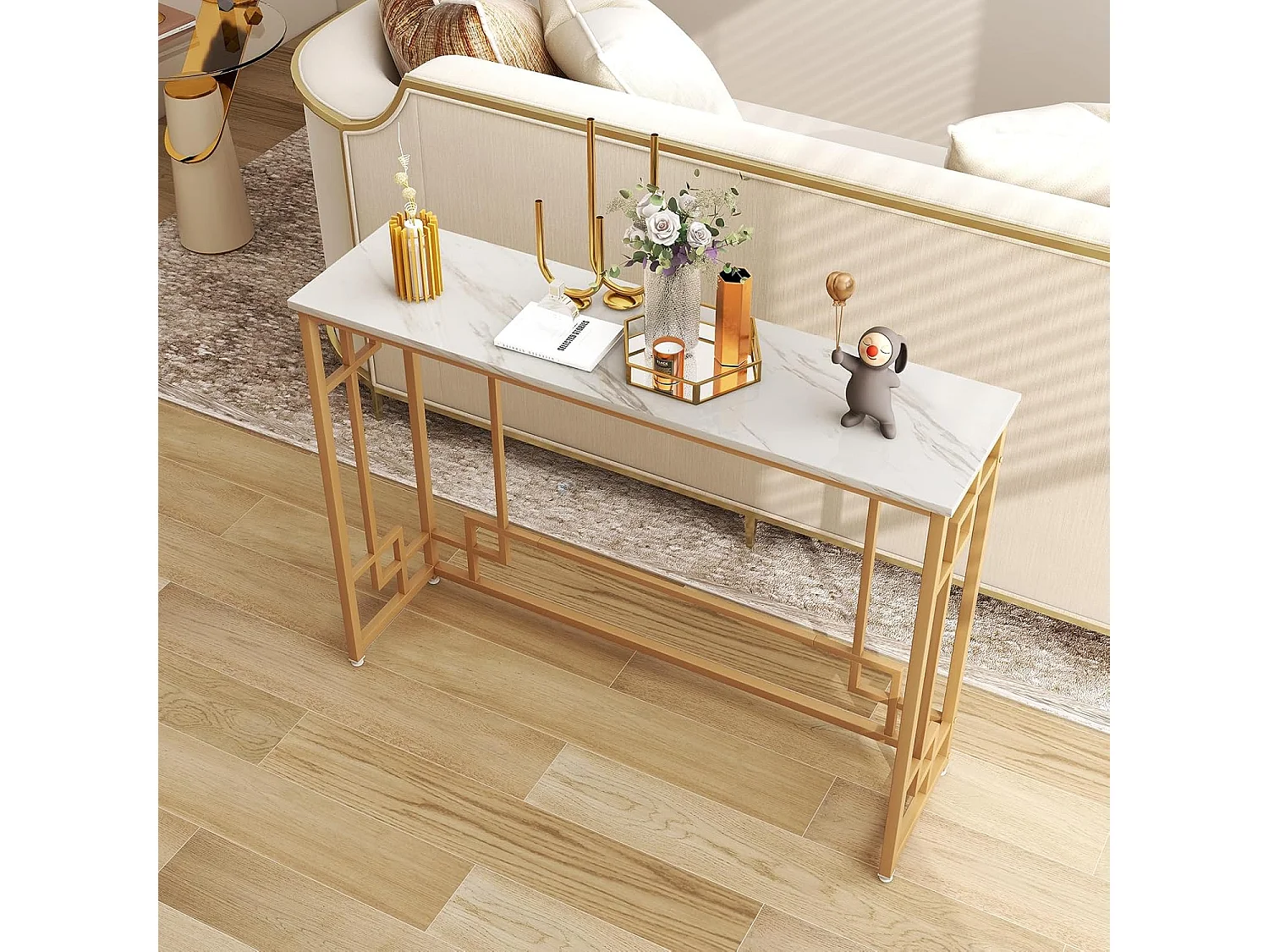 Consoletafel, marmer, goud, ingang, smal, haltafel met geometrisch metalen frame, bijzettafel, 110 x 30 x 81 cm, voor woonkamer, hal, entree VH33425