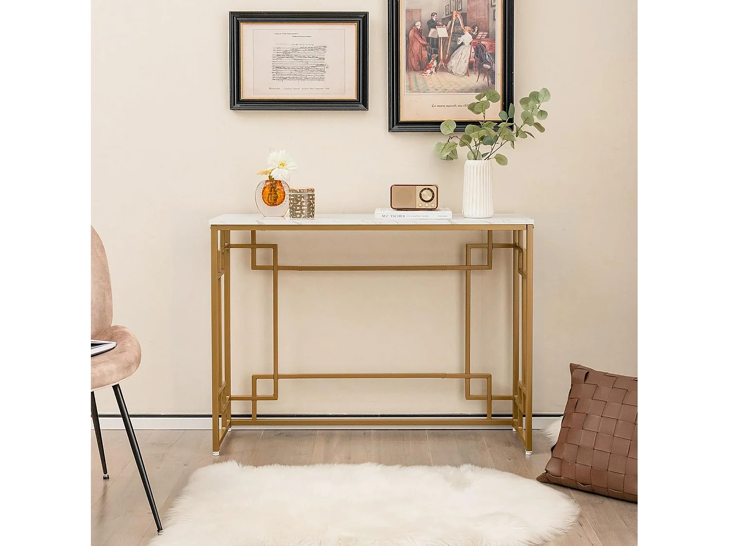 Consoletafel, marmer, goud, ingang, smal, haltafel met geometrisch metalen frame, bijzettafel, 110 x 30 x 81 cm, voor woonkamer, hal, entree VH33425