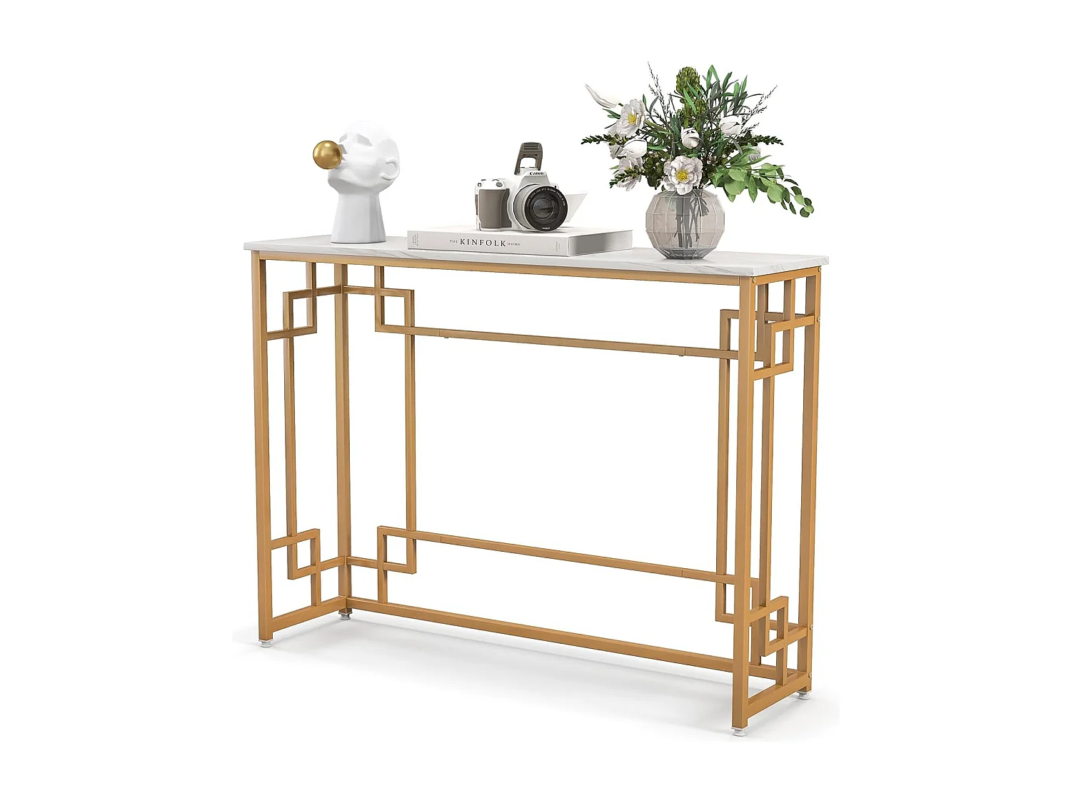 Consoletafel, marmer, goud, ingang, smal, haltafel met geometrisch metalen frame, bijzettafel, 110 x 30 x 81 cm, voor woonkamer, hal, entree VH33425