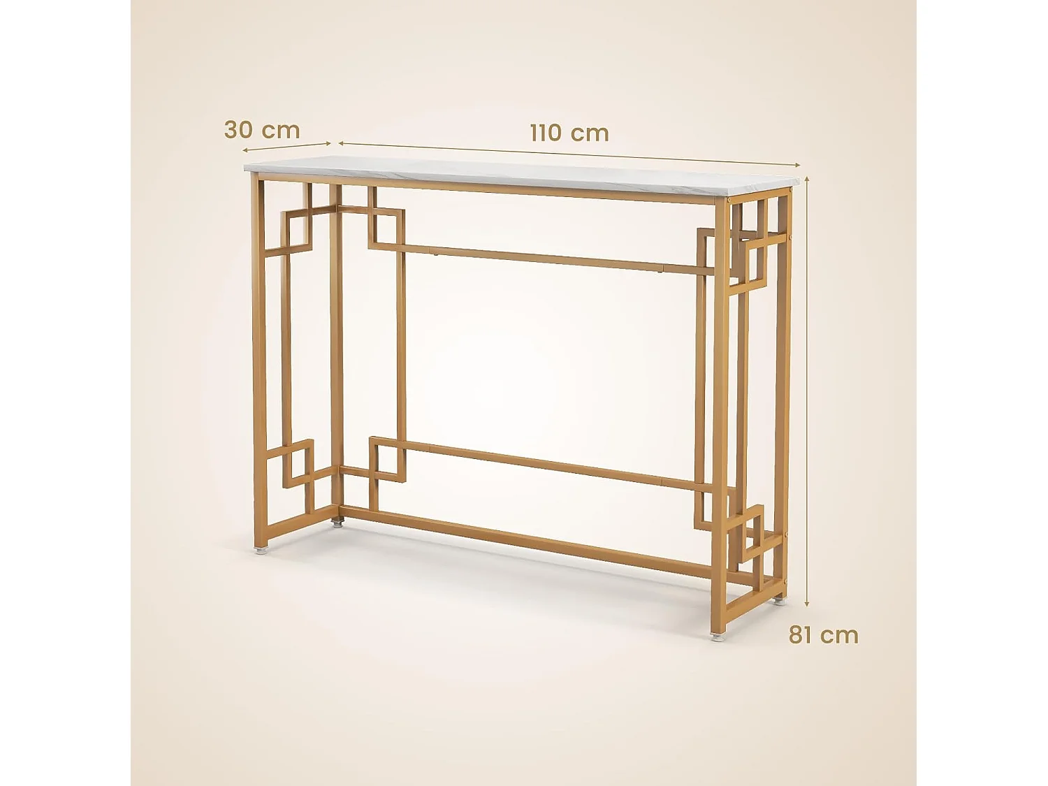 Consoletafel, marmer, goud, ingang, smal, haltafel met geometrisch metalen frame, bijzettafel, 110 x 30 x 81 cm, voor woonkamer, hal, entree VH33425