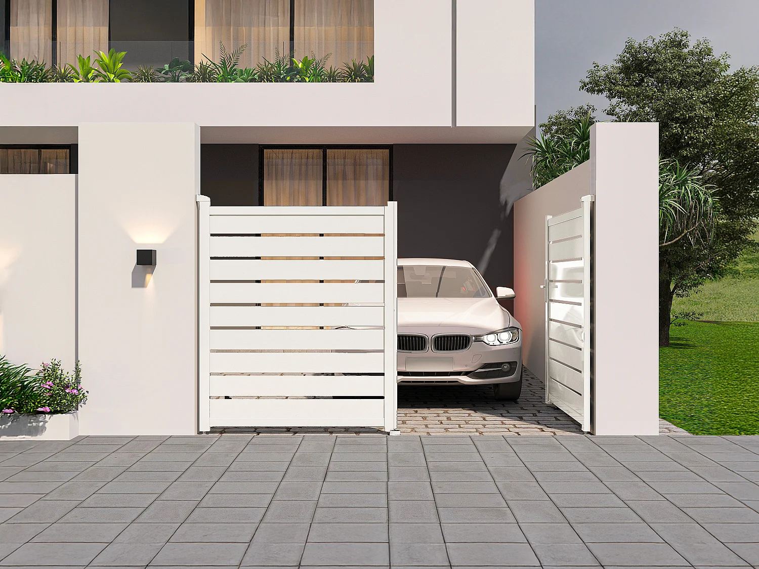 Portail électrique battant aluminium ajouré L305 x H183 cm blanc - PRIMO