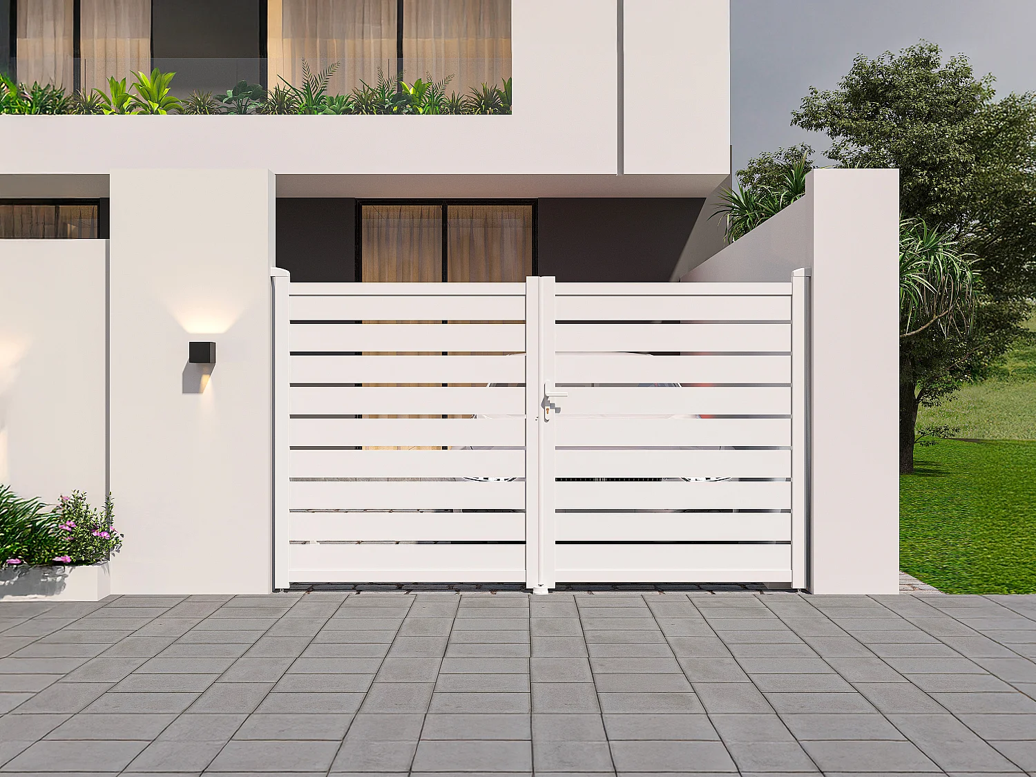 Portail électrique battant aluminium ajouré L305 x H183 cm blanc - PRIMO