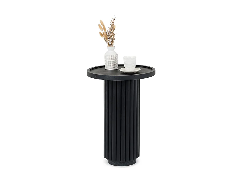 Table d'appoint BEJA 53 cm Ronde, En Bois Massif Noir avec Socle en Marbre, Bout de Canapé pour Salon Design Cannelé