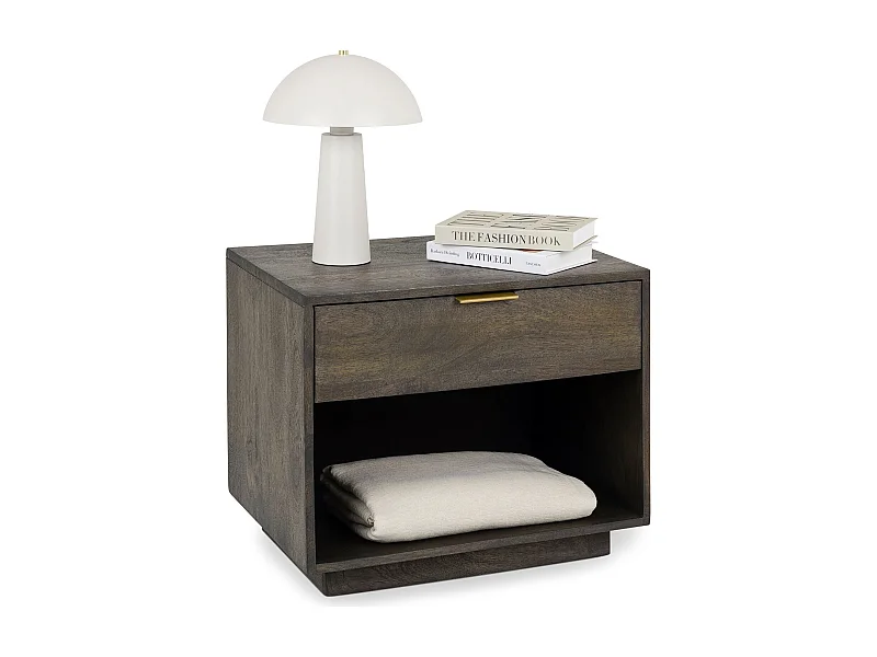 Table de Chevet BORA, 1 Tiroir en Bois Massif Brun, Design Élégant, Table de Nuit avec Niche Ouverte pour Rangement