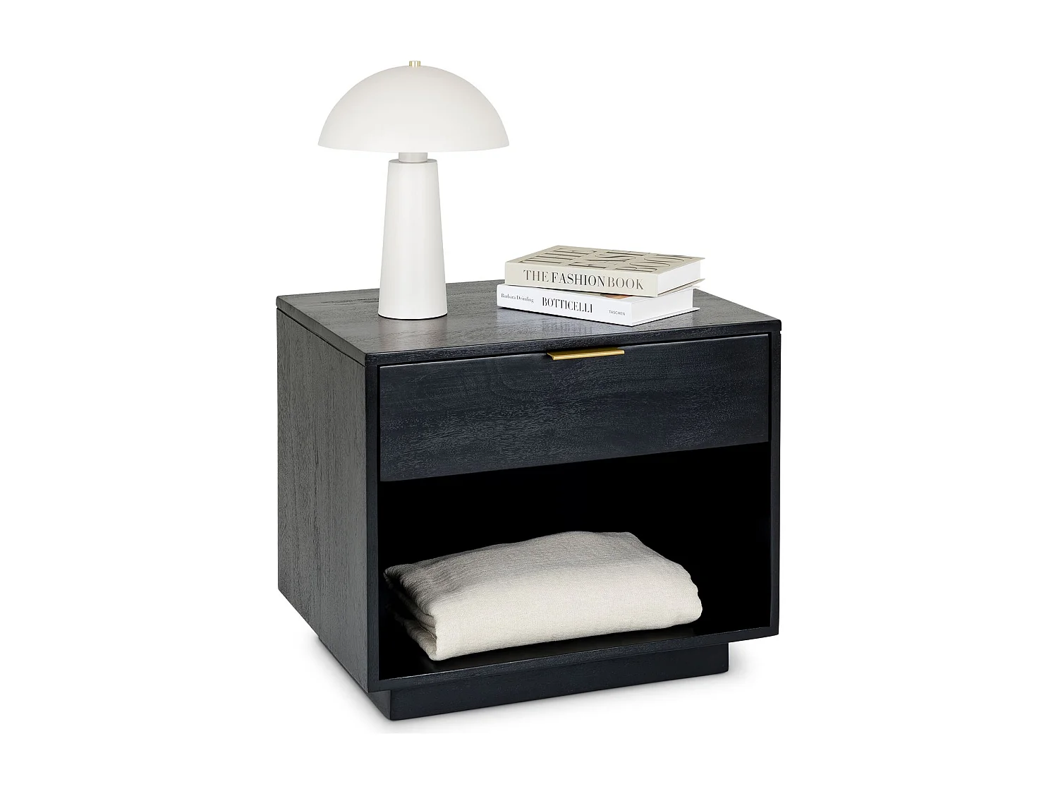 Table de Chevet BORA, 1 Tiroir en Bois Massif Noir, Design Élégant, Table de Nuit avec Niche Ouverte pour Rangement