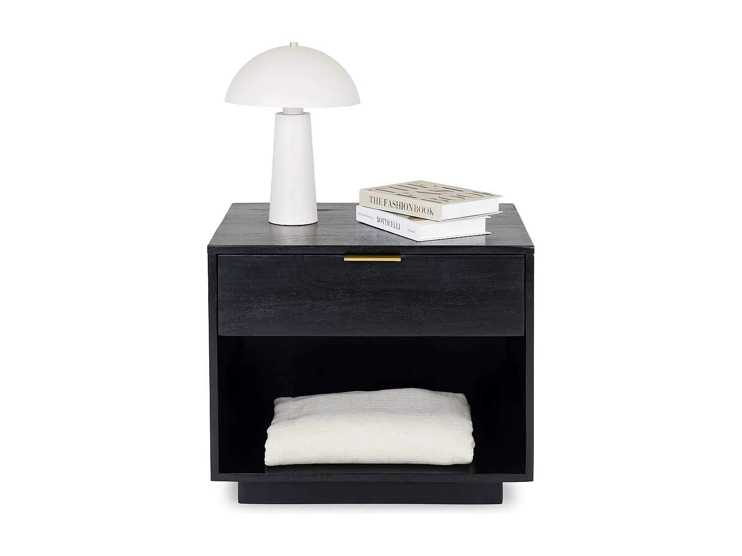 Table de Chevet BORA, 1 Tiroir en Bois Massif Noir, Design Élégant, Table de Nuit avec Niche Ouverte pour Rangement