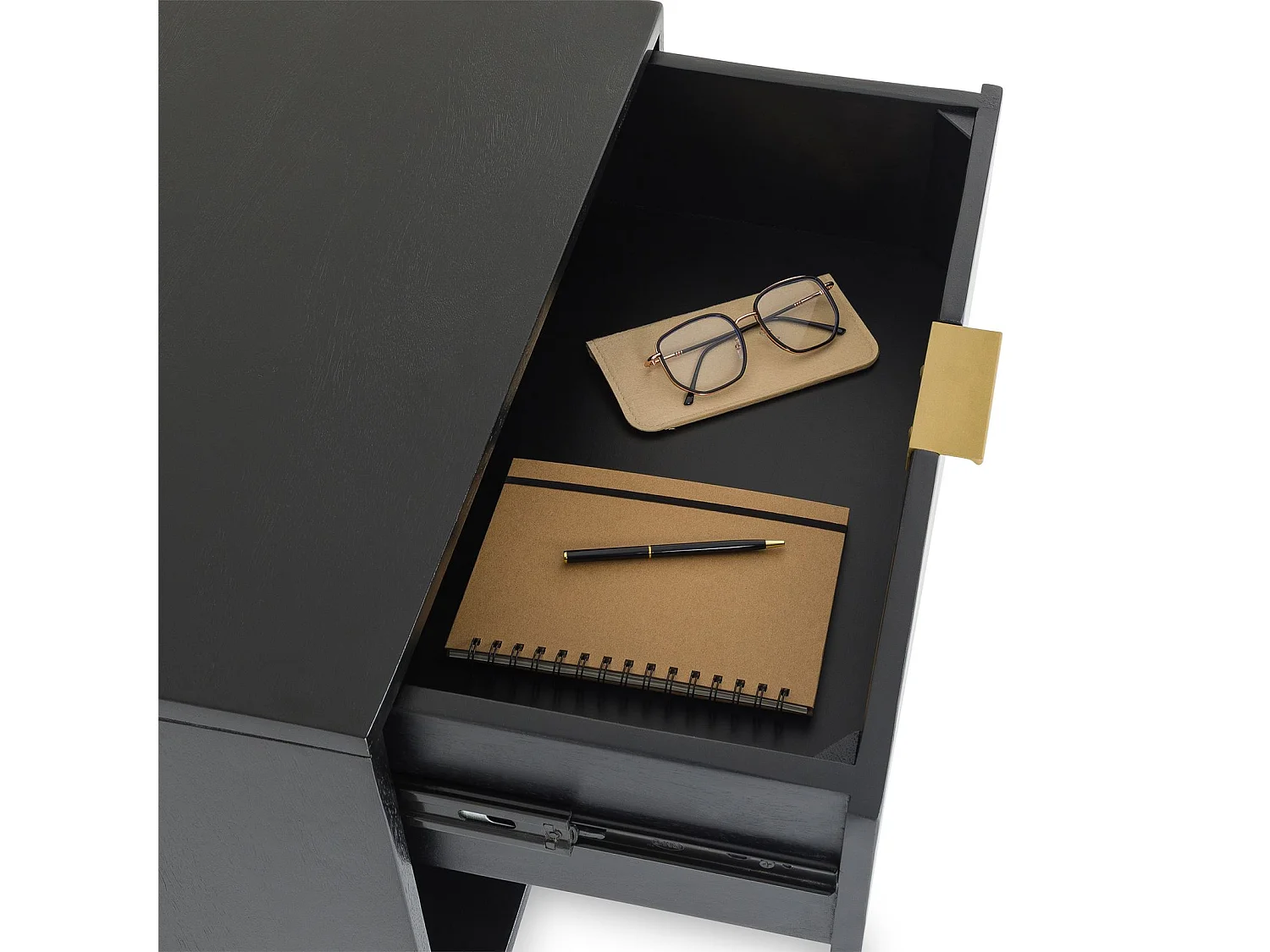 Table de Chevet BORA, 1 Tiroir en Bois Massif Noir, Design Élégant, Table de Nuit avec Niche Ouverte pour Rangement