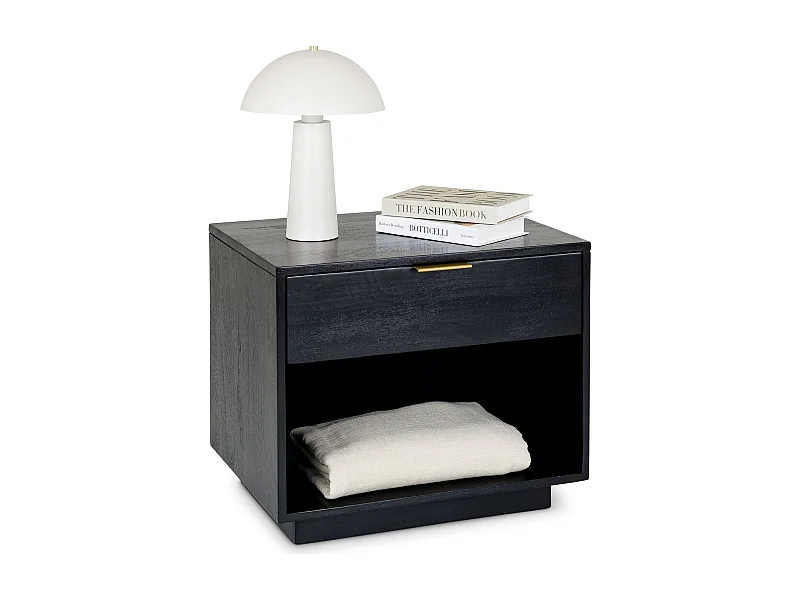 Table de Chevet BORA, 1 Tiroir en Bois Massif Noir, Design Élégant, Table de Nuit avec Niche Ouverte pour Rangement