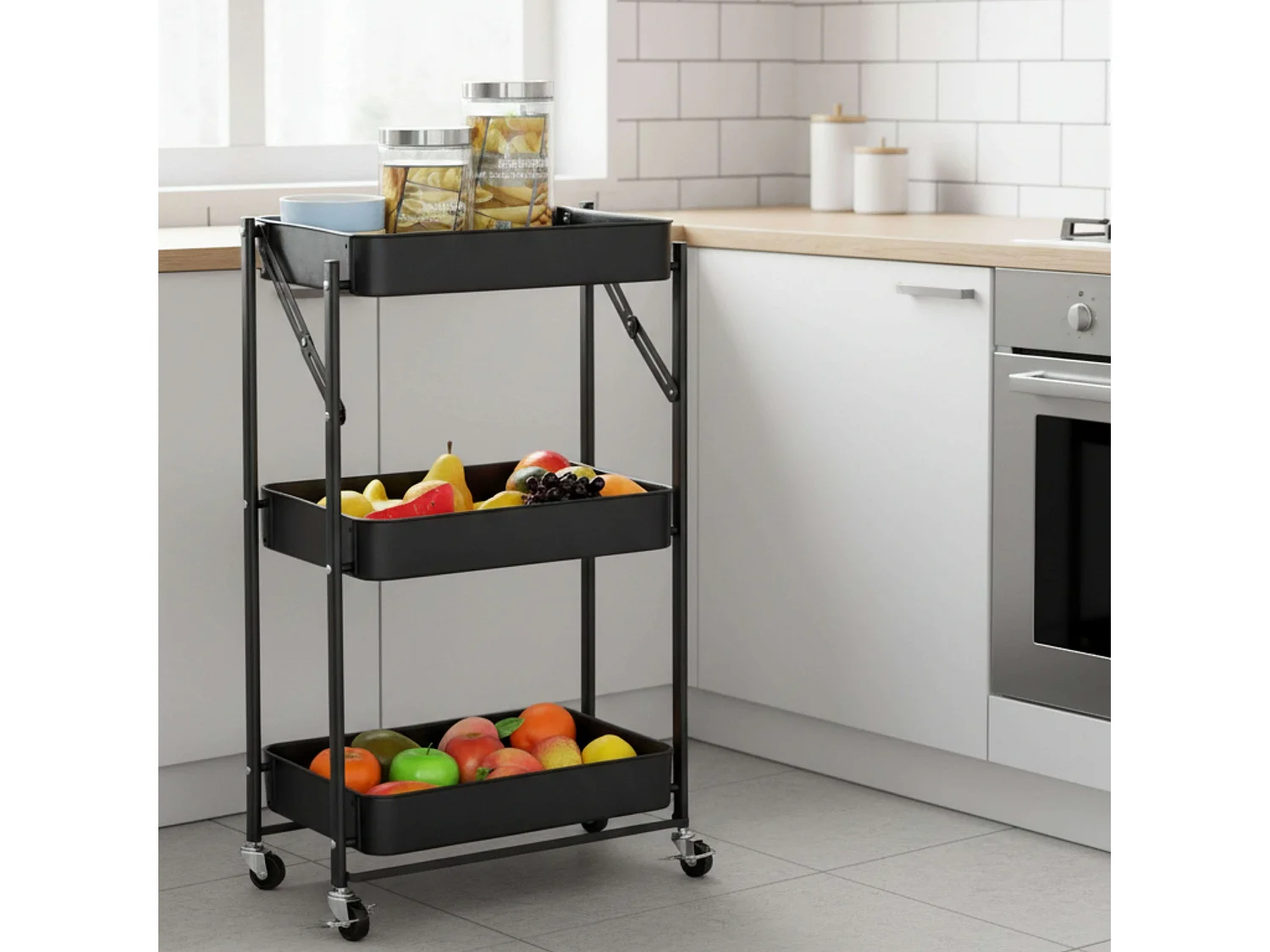 Carrito auxiliar cocina 3 baldas ruedas negro 45x77x29 cm