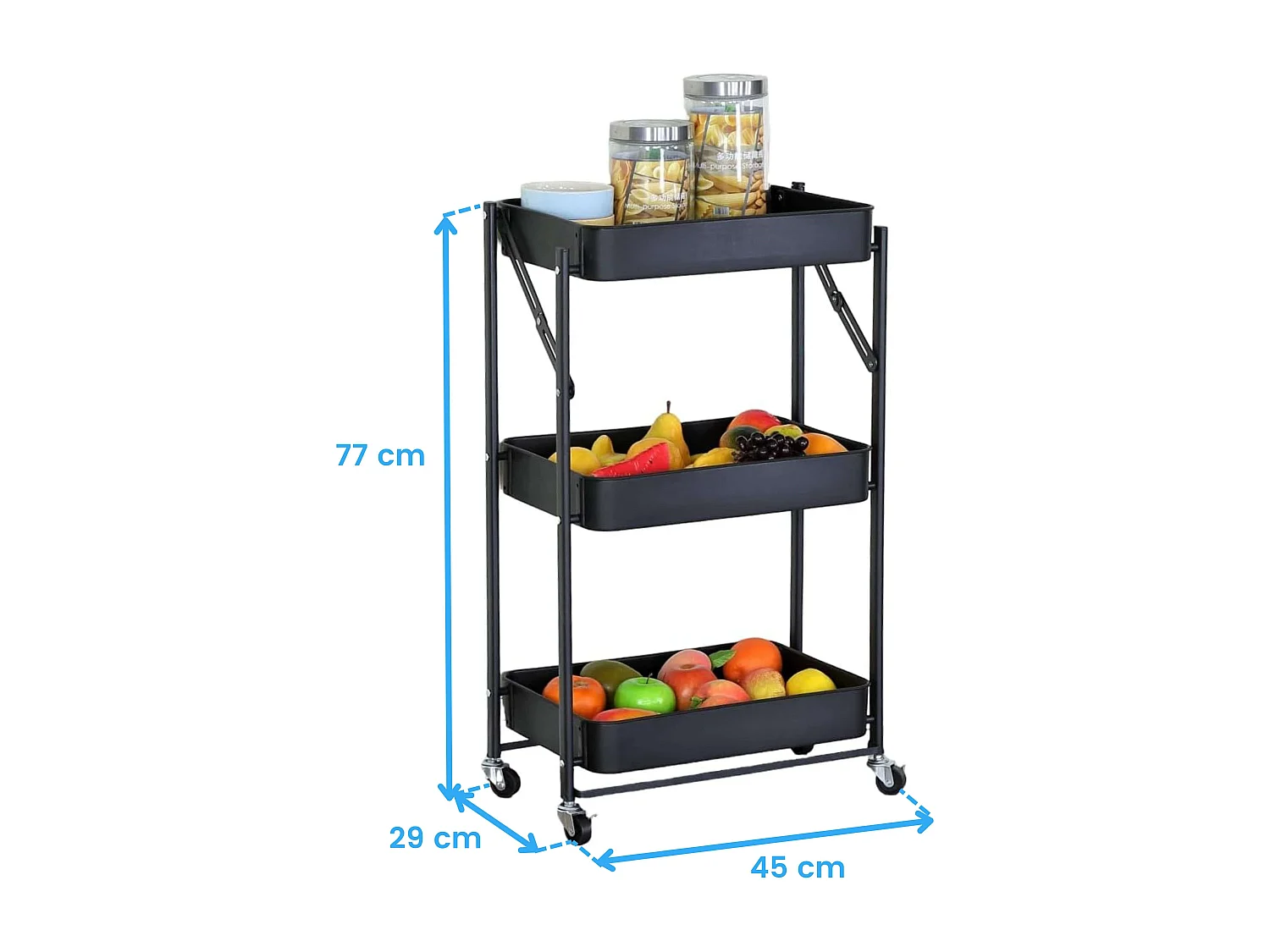 Carrito auxiliar cocina 3 baldas ruedas negro 45x77x29 cm