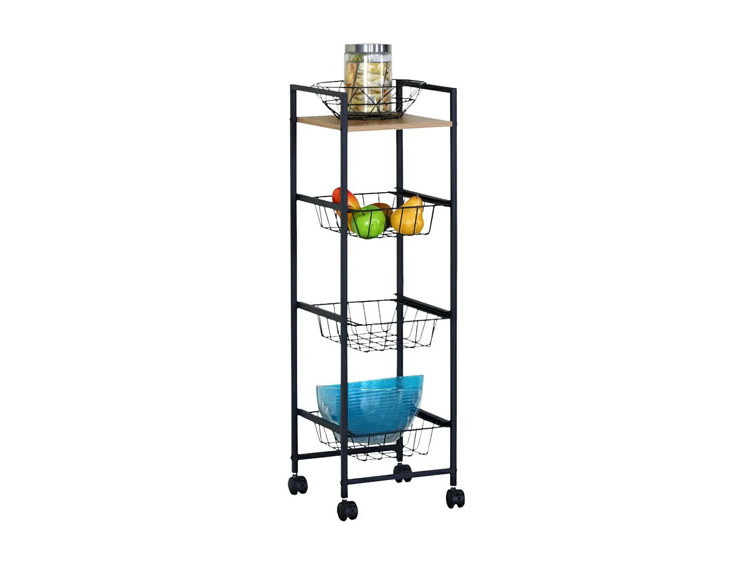 Carrito auxiliar cocina frutero ruedas roble cambrian/negro 1 balda 3 cestos 29x95 cm