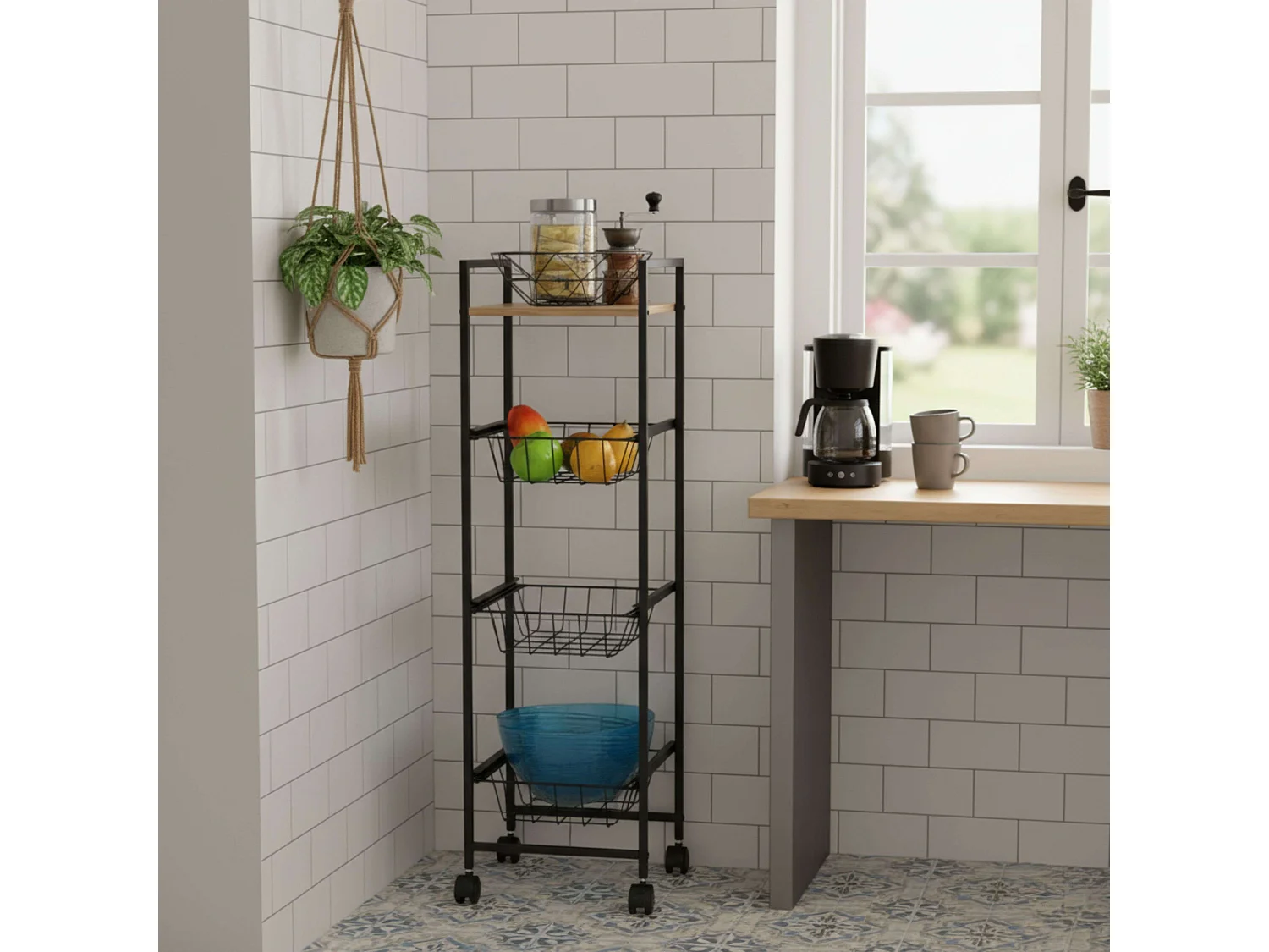 Carrito auxiliar cocina frutero ruedas roble cambrian/negro 1 balda 3 cestos 29x95 cm