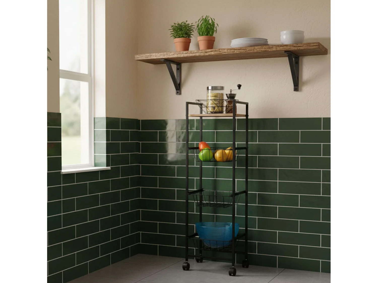 Carrito auxiliar cocina frutero ruedas roble cambrian/negro 1 balda 3 cestos 29x95 cm