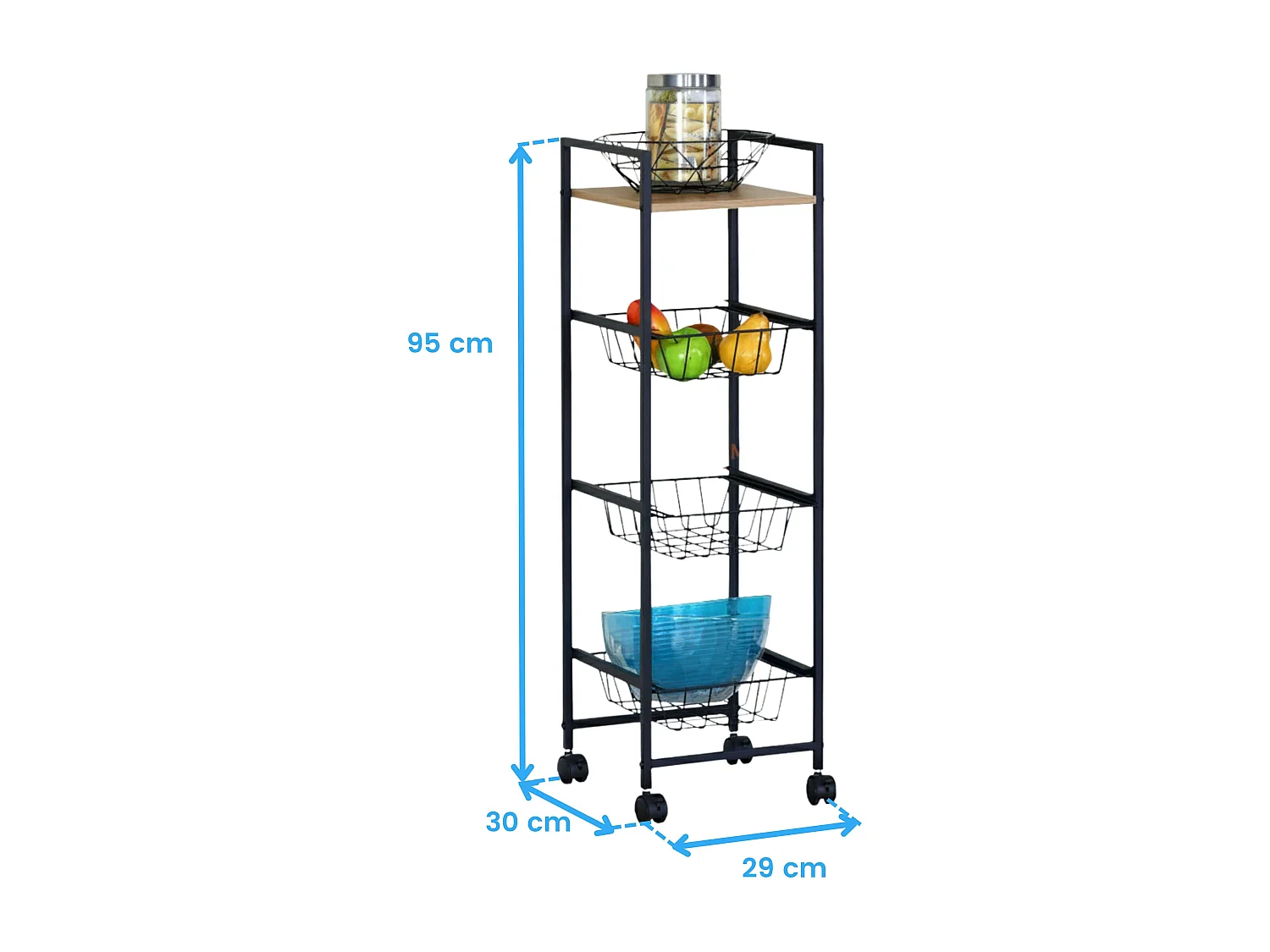 Carrito auxiliar cocina frutero ruedas roble cambrian/negro 1 balda 3 cestos 29x95 cm