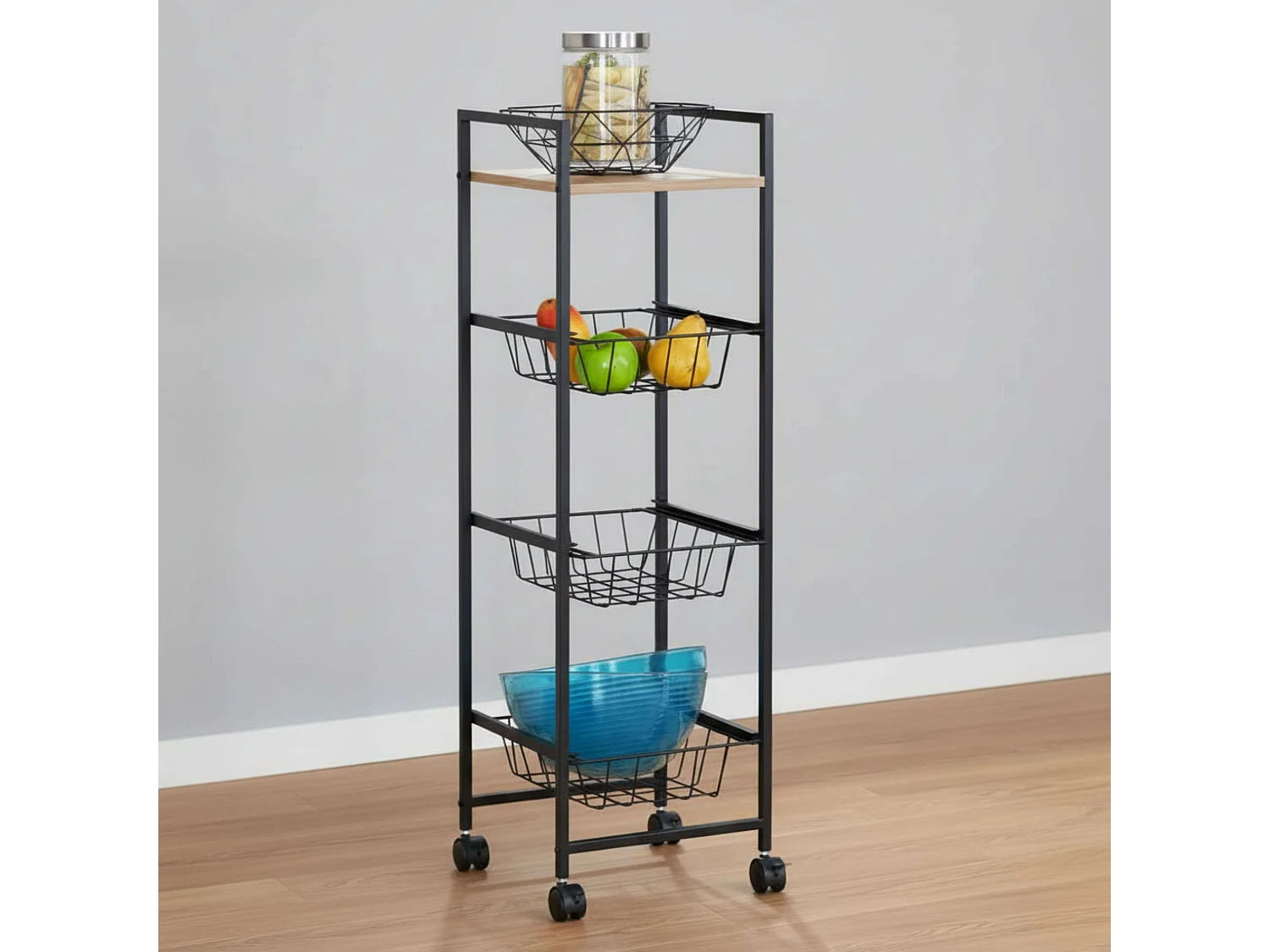 Carrito auxiliar cocina frutero ruedas roble cambrian/negro 1 balda 3 cestos 29x95 cm
