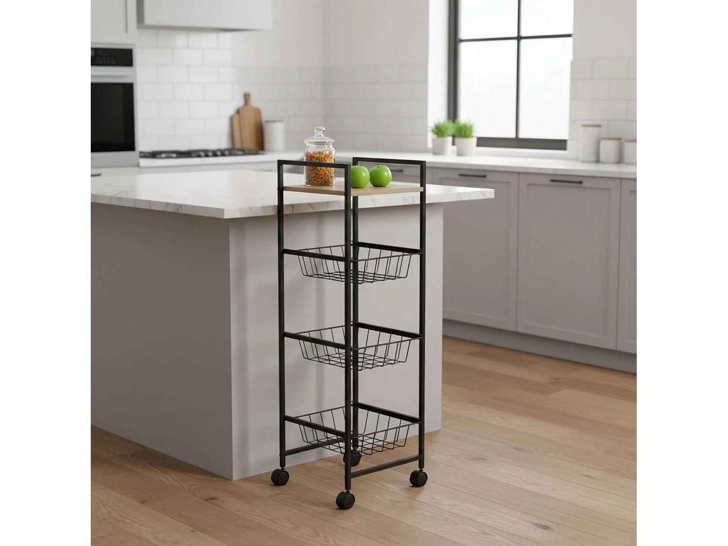 Carrito auxiliar cocina frutero ruedas roble cambrian/negro 1 balda 3 cestos 29x95 cm