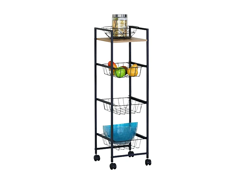 Carrito auxiliar cocina frutero ruedas roble cambrian/negro 1 balda 3 cestos 29x95 cm