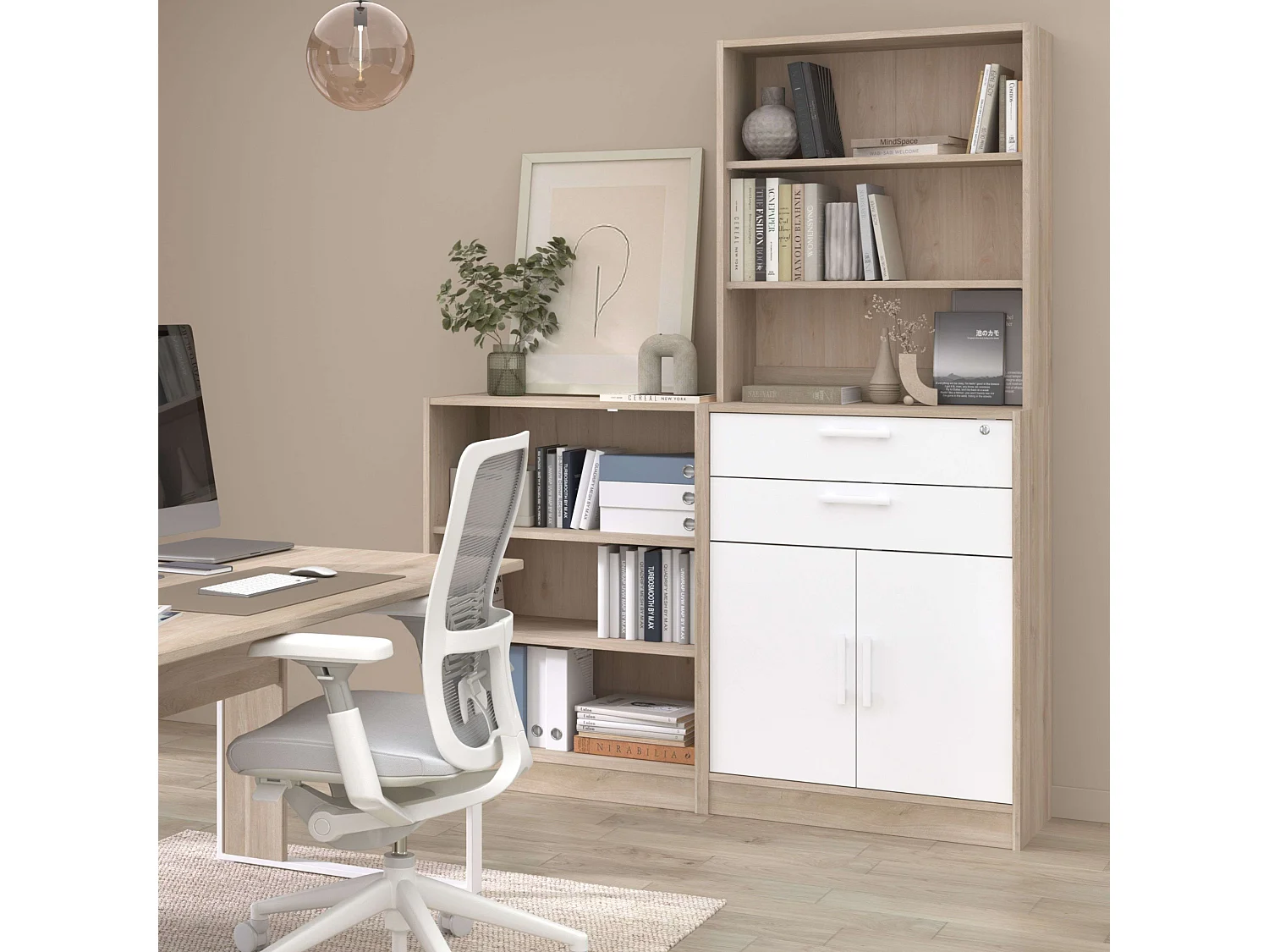 Estantería Veltis oficina 2 caj 2 ptas abatibles 3 est blanco madera claro