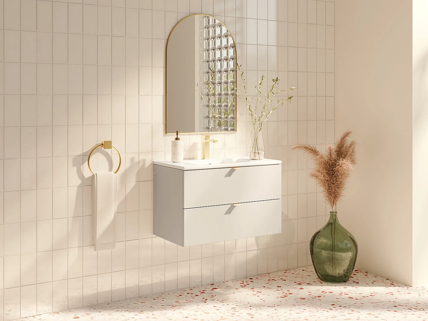 Meuble de salle de bain suspendu avec vasque à encastrer - Beige - 80 cm - LAVENA