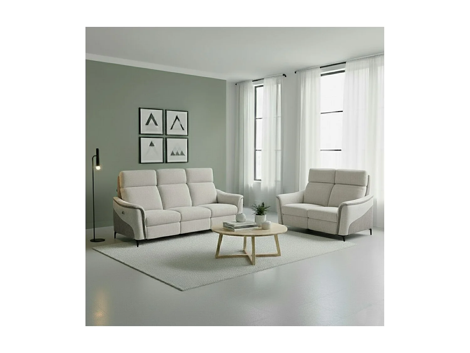 Ensemble canapé relax électrique 3 places + canapé fixe 2 places tissu maillé gris - SOLLYS