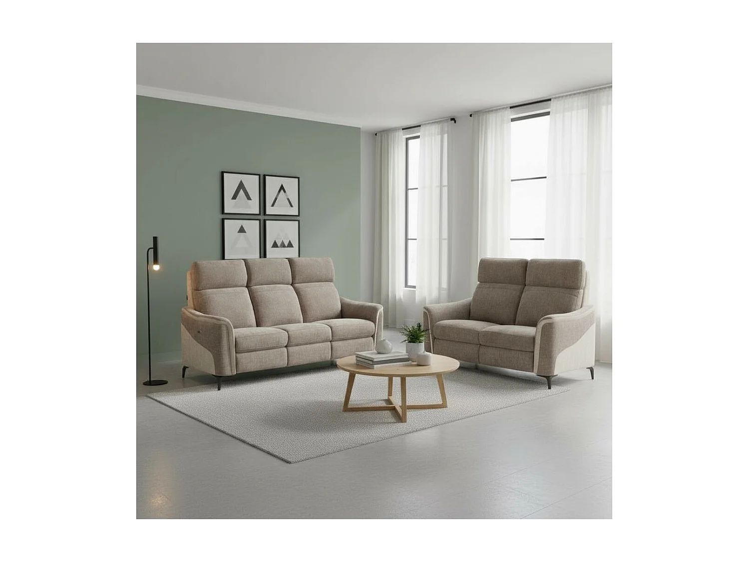 Ensemble canapé relax électrique 3 places + canapé fixe 2 places tissu maillé moka - SOLLYS