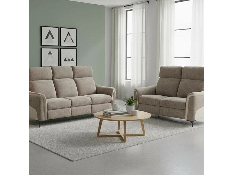 Ensemble canapé relax électrique 3 places + canapé fixe 2 places tissu maillé moka - SOLLYS