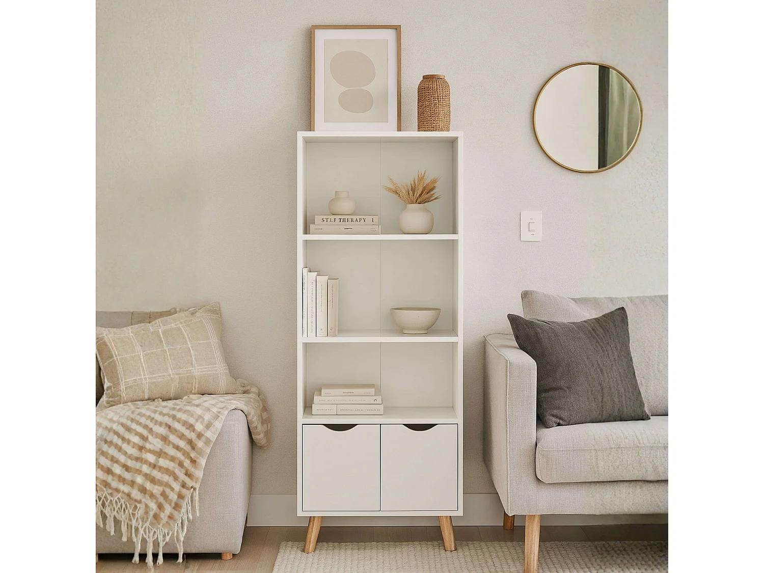 Estante Fiano com 3 prateleiras e 2 portas dobráveis ​​inferiores, 160x50x30 cm