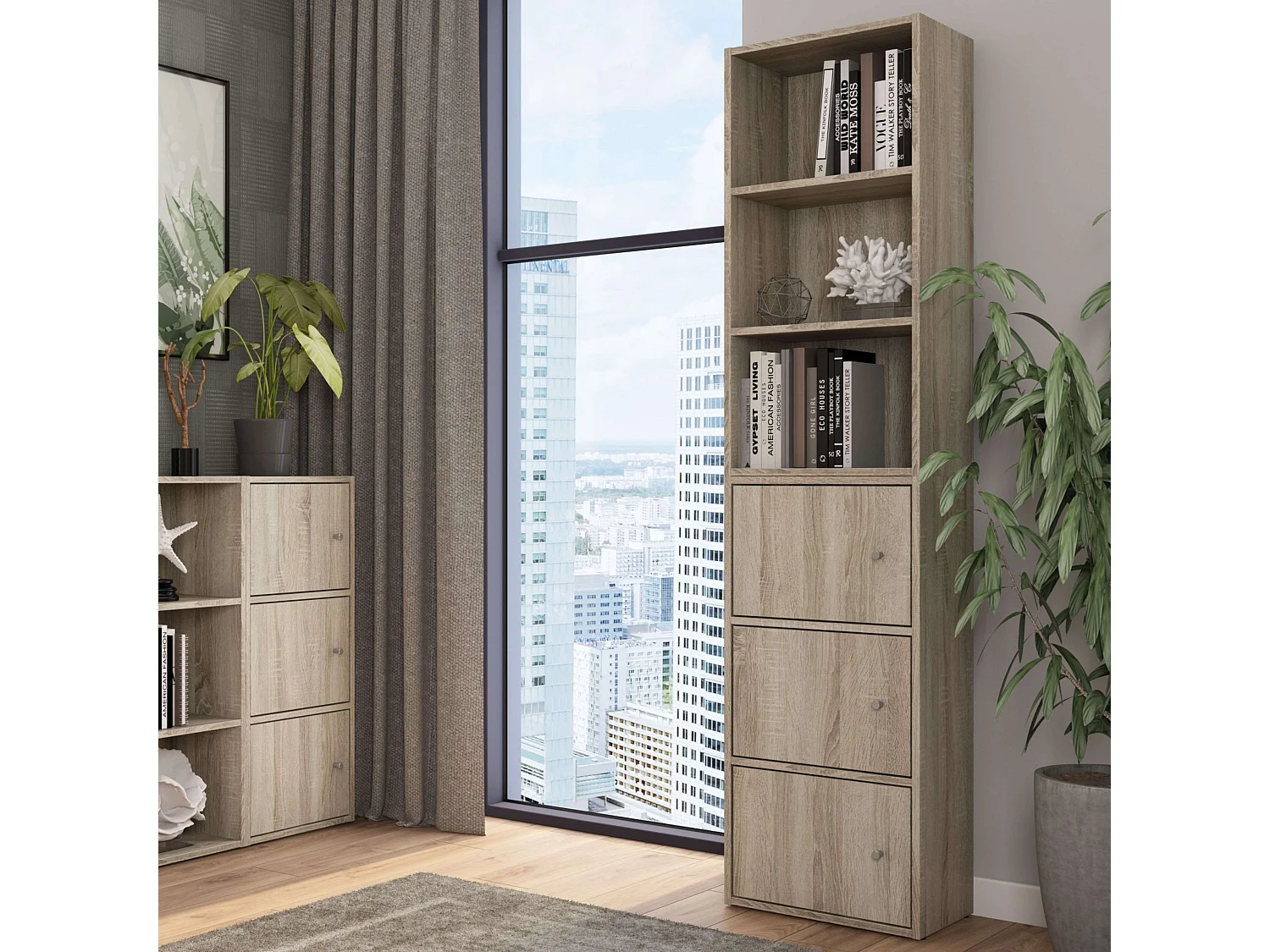 Estante Plea: 1 armário com 3 portas e 1 prateleira com 3 níveis, 184x42x29 cm