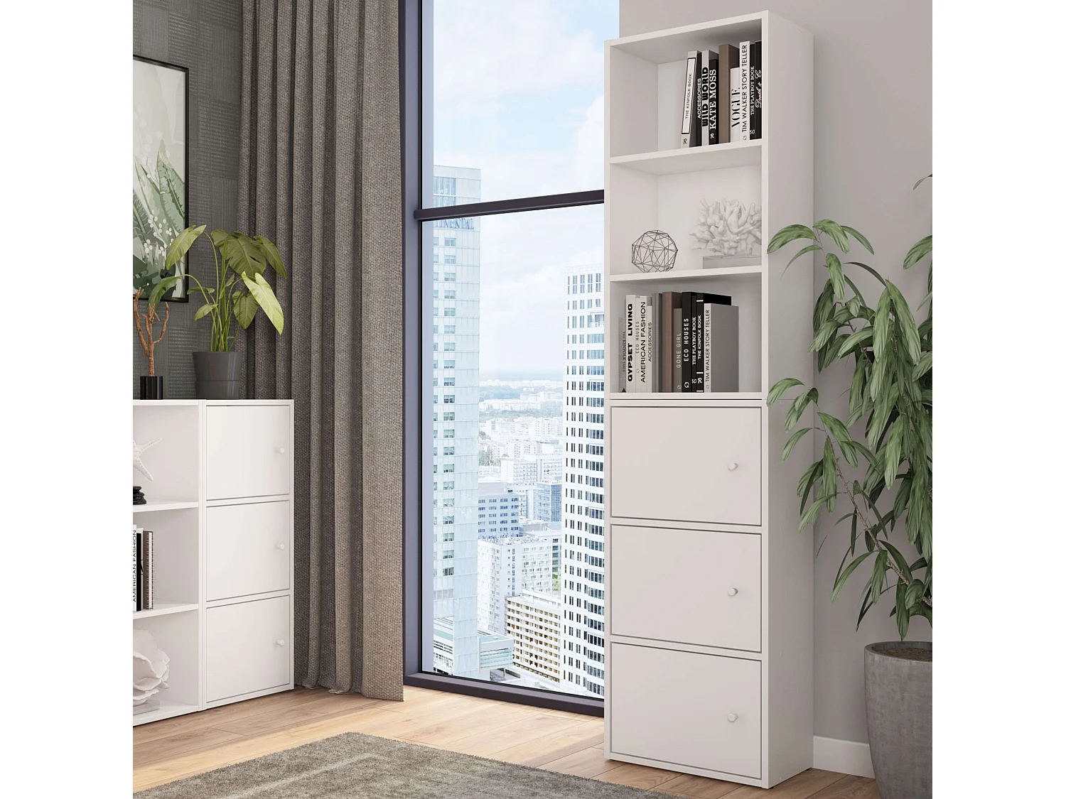 Plea salón 1 armario 3 puertas y 1 estantería 3 niveles blanco 184x42x29 cm