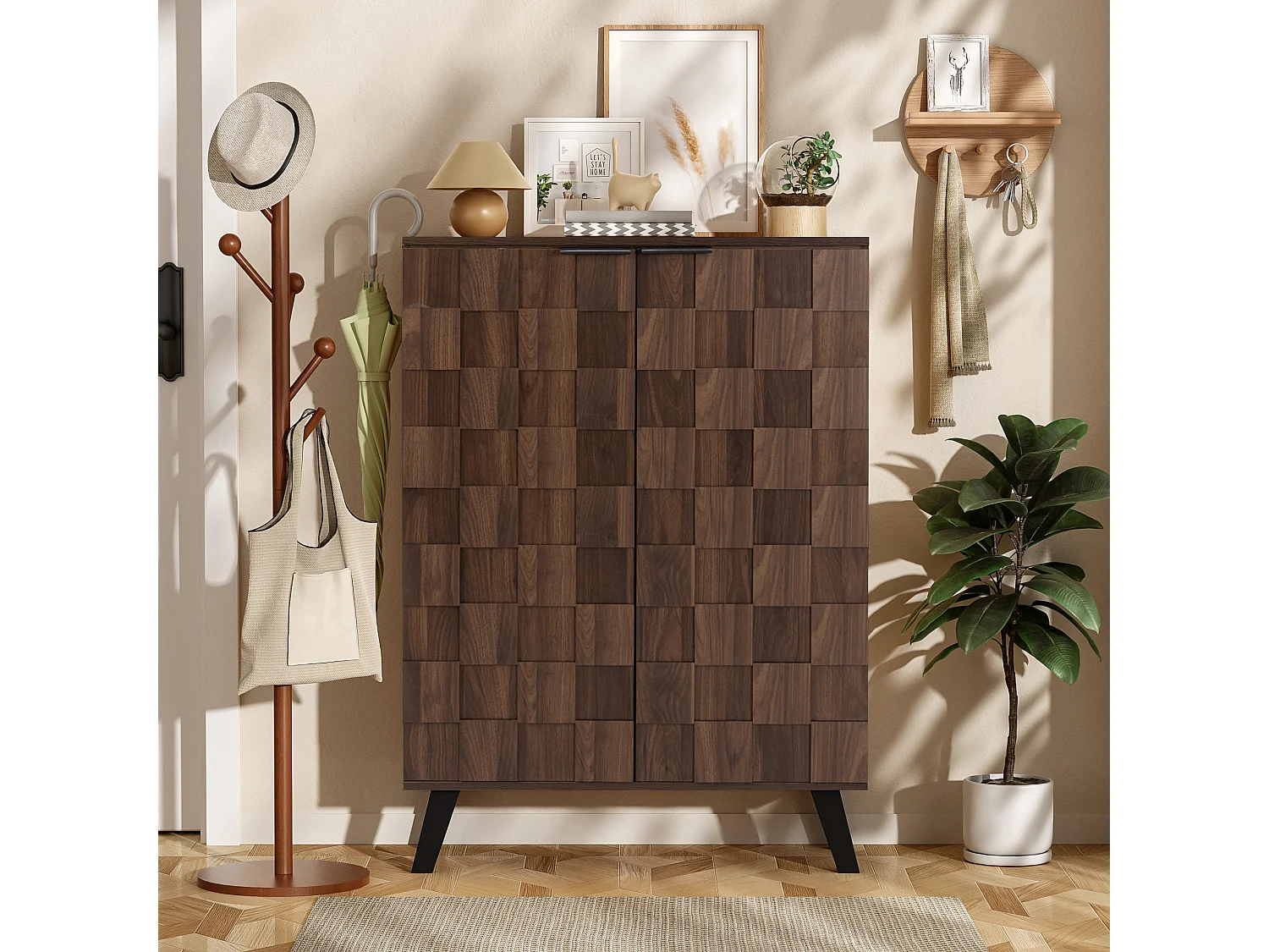 Moderner Schuhschrank mit 5 Fächern aus dunklem Holz – 80 x 35,5 x 110 cm – Spanplatte – dunkel natur