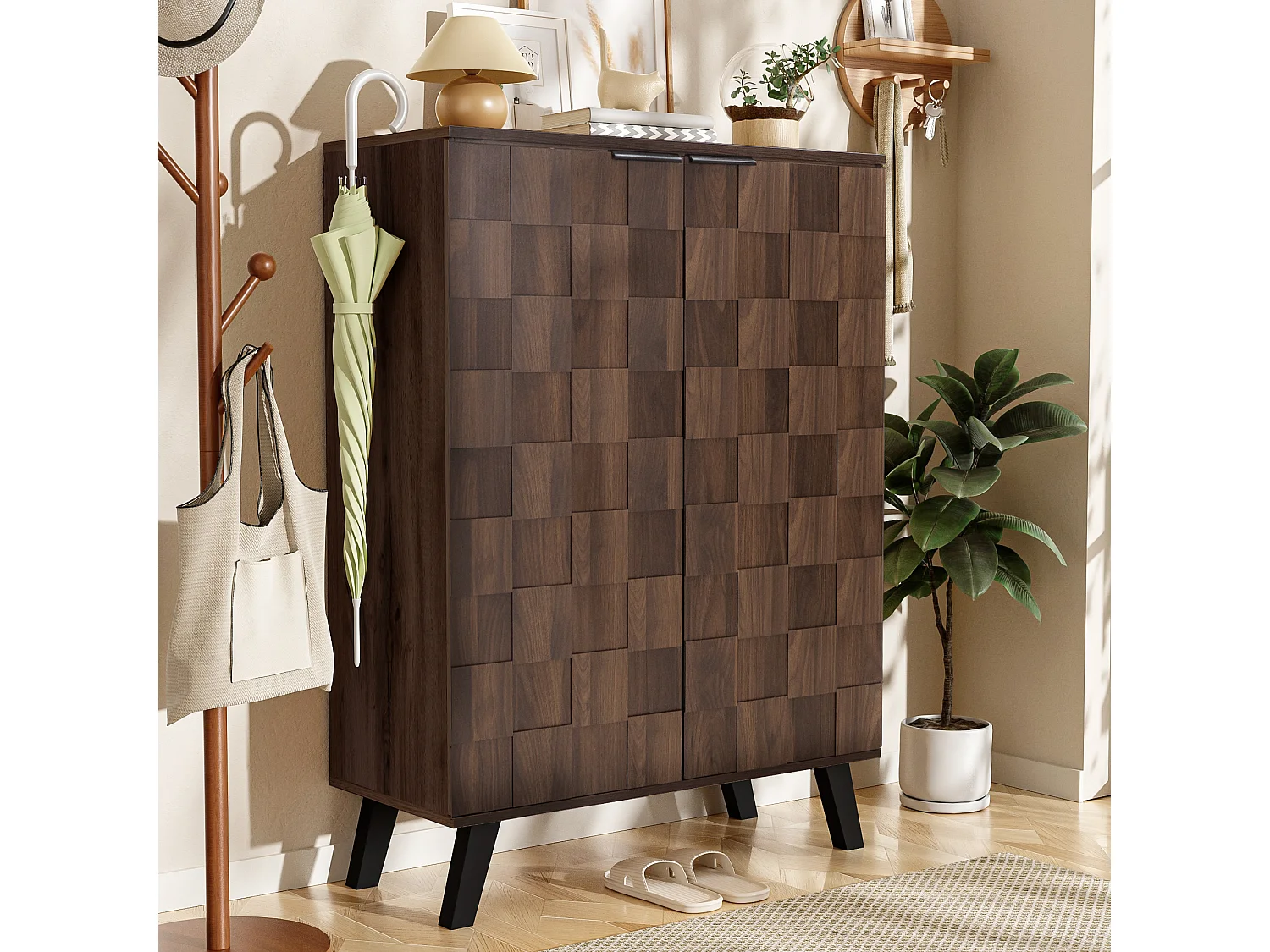 Moderner Schuhschrank mit 5 Fächern aus dunklem Holz – 80 x 35,5 x 110 cm – Spanplatte – dunkel natur