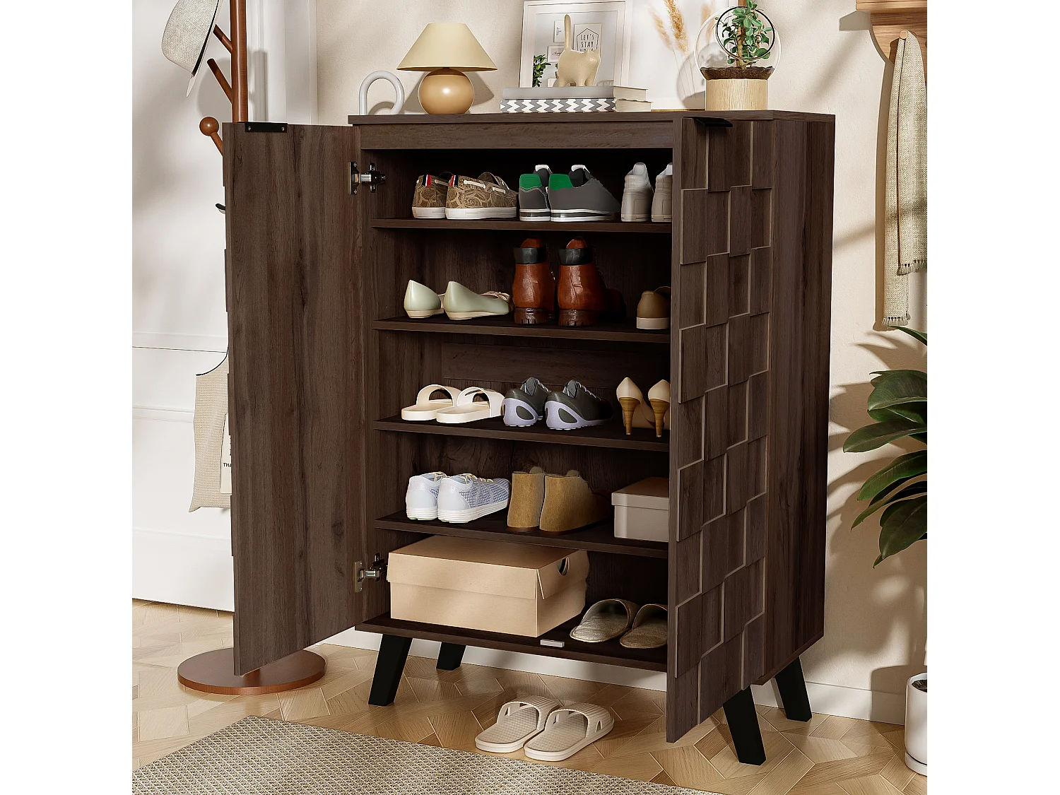 Moderner Schuhschrank mit 5 Fächern aus dunklem Holz – 80 x 35,5 x 110 cm – Spanplatte – dunkel natur