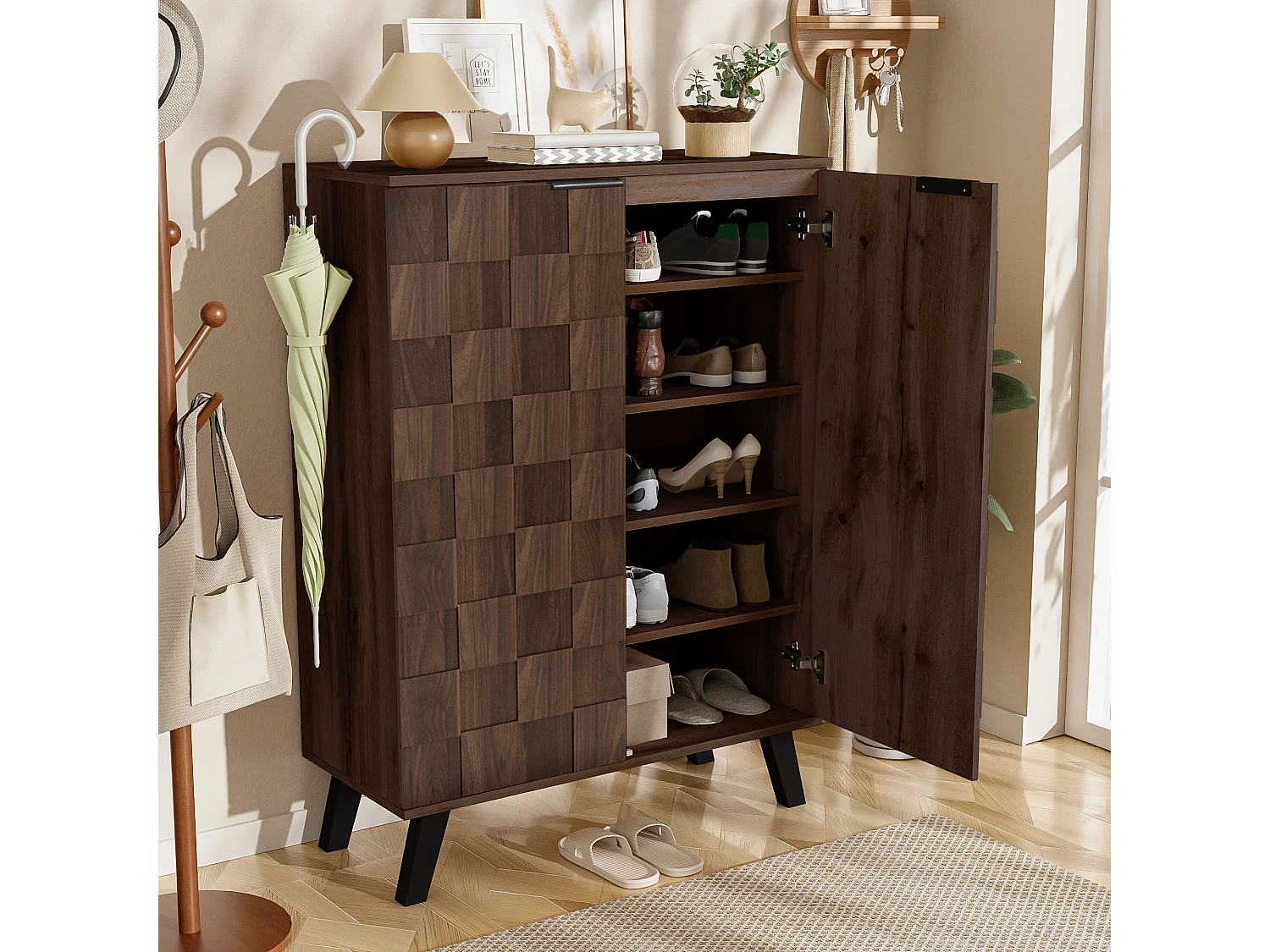 Moderner Schuhschrank mit 5 Fächern aus dunklem Holz – 80 x 35,5 x 110 cm – Spanplatte – dunkel natur