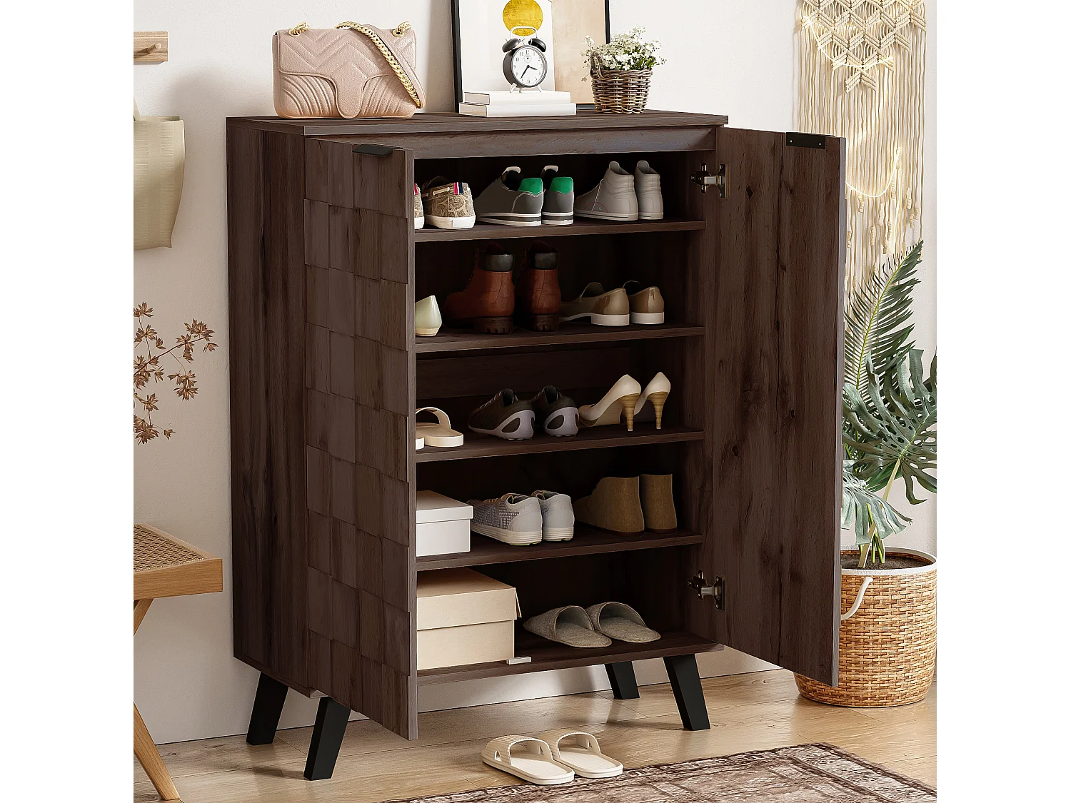 Moderner Schuhschrank mit 5 Fächern aus dunklem Holz – 80 x 35,5 x 110 cm – Spanplatte – dunkel natur