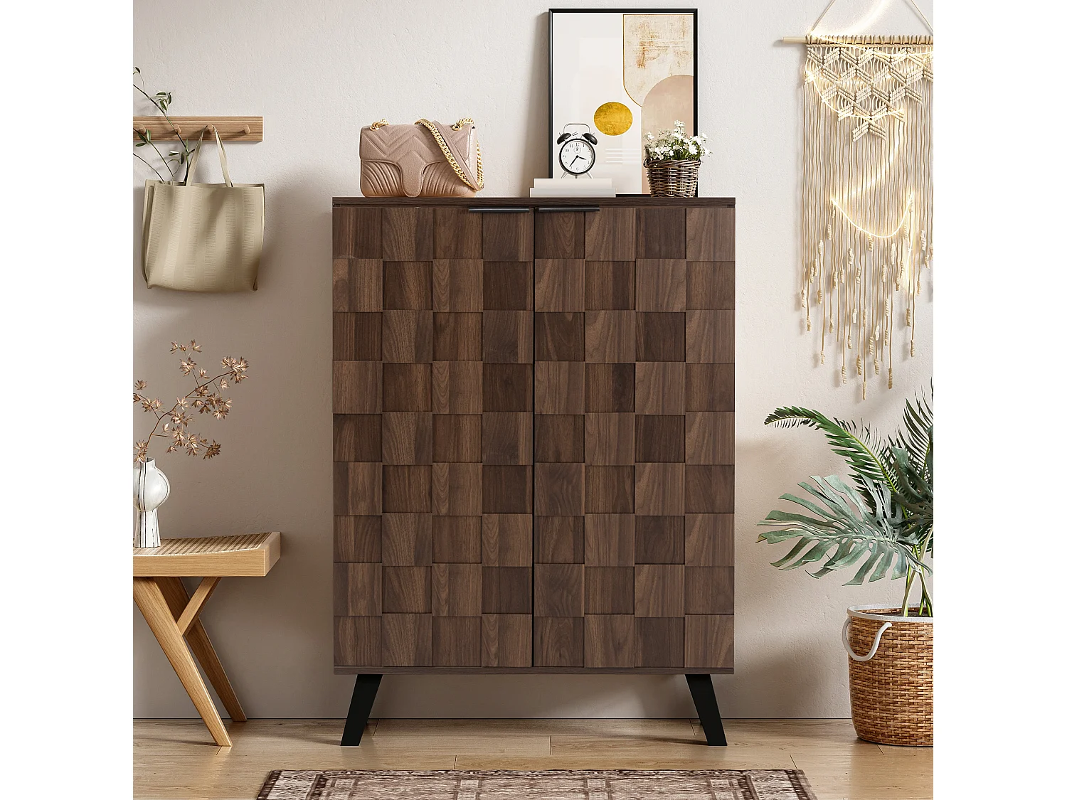 Scarpiera moderna a 5 scomparti in legno scuro - 80 x 35,5 x 110 cm - truciolare - naturale scuro