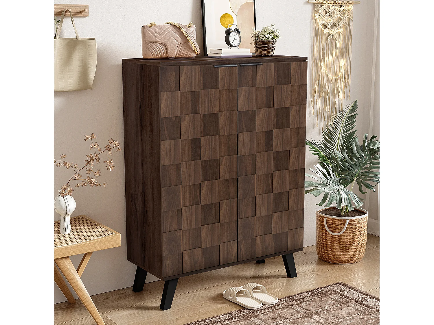 Scarpiera moderna a 5 scomparti in legno scuro - 80 x 35,5 x 110 cm - truciolare - naturale scuro