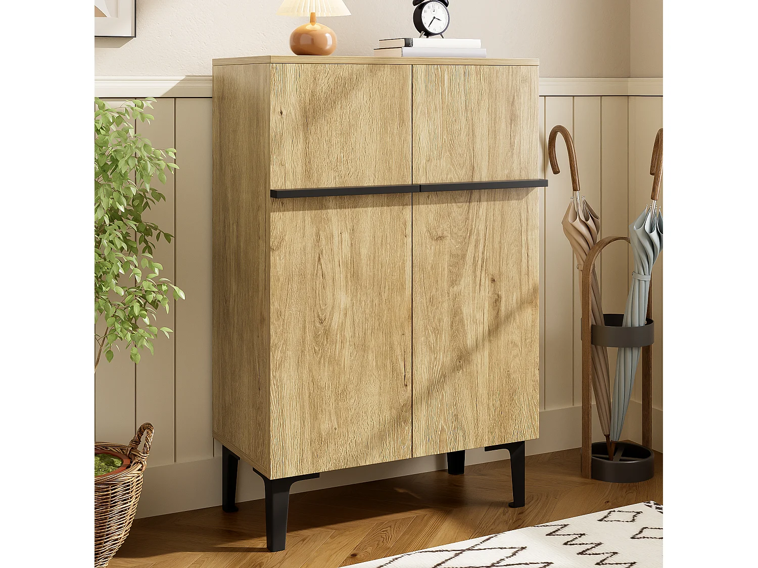 Moderner Schuhschrank für den Eingangsbereich – 60 x 34,5 x 95 cm – mit 2 Türen und verstellbaren Einlegeböden – Spanplatte – natur