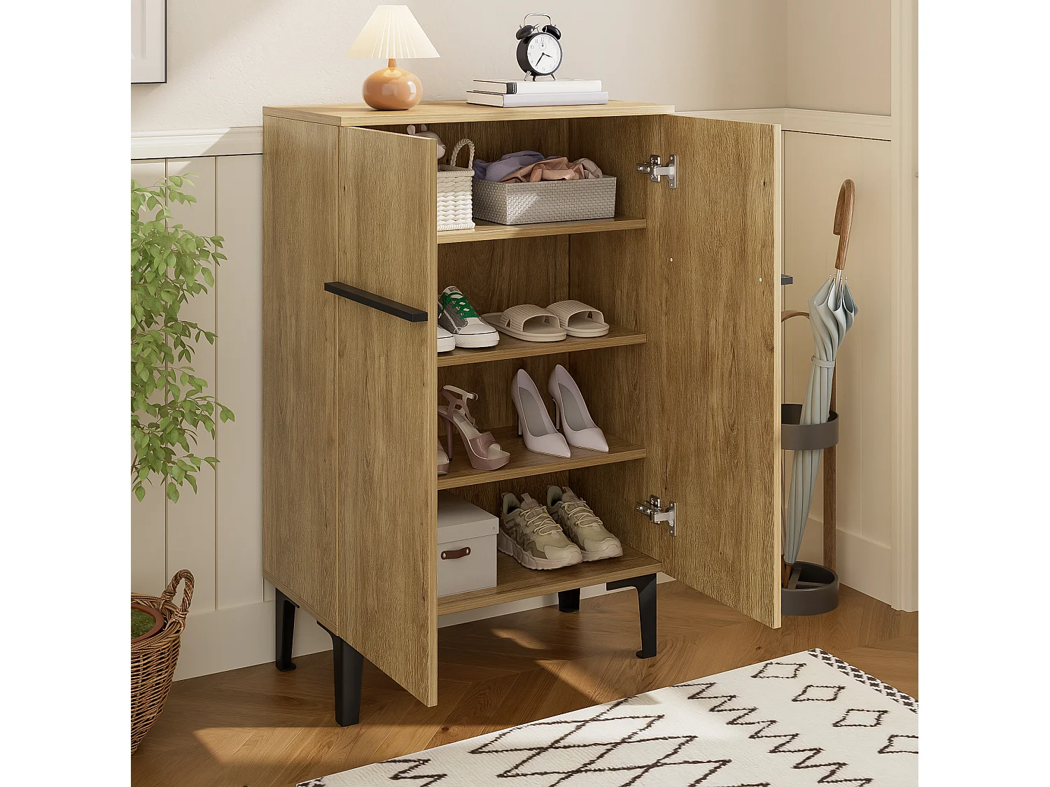 Moderner Schuhschrank für den Eingangsbereich – 60 x 34,5 x 95 cm – mit 2 Türen und verstellbaren Einlegeböden – Spanplatte – natur