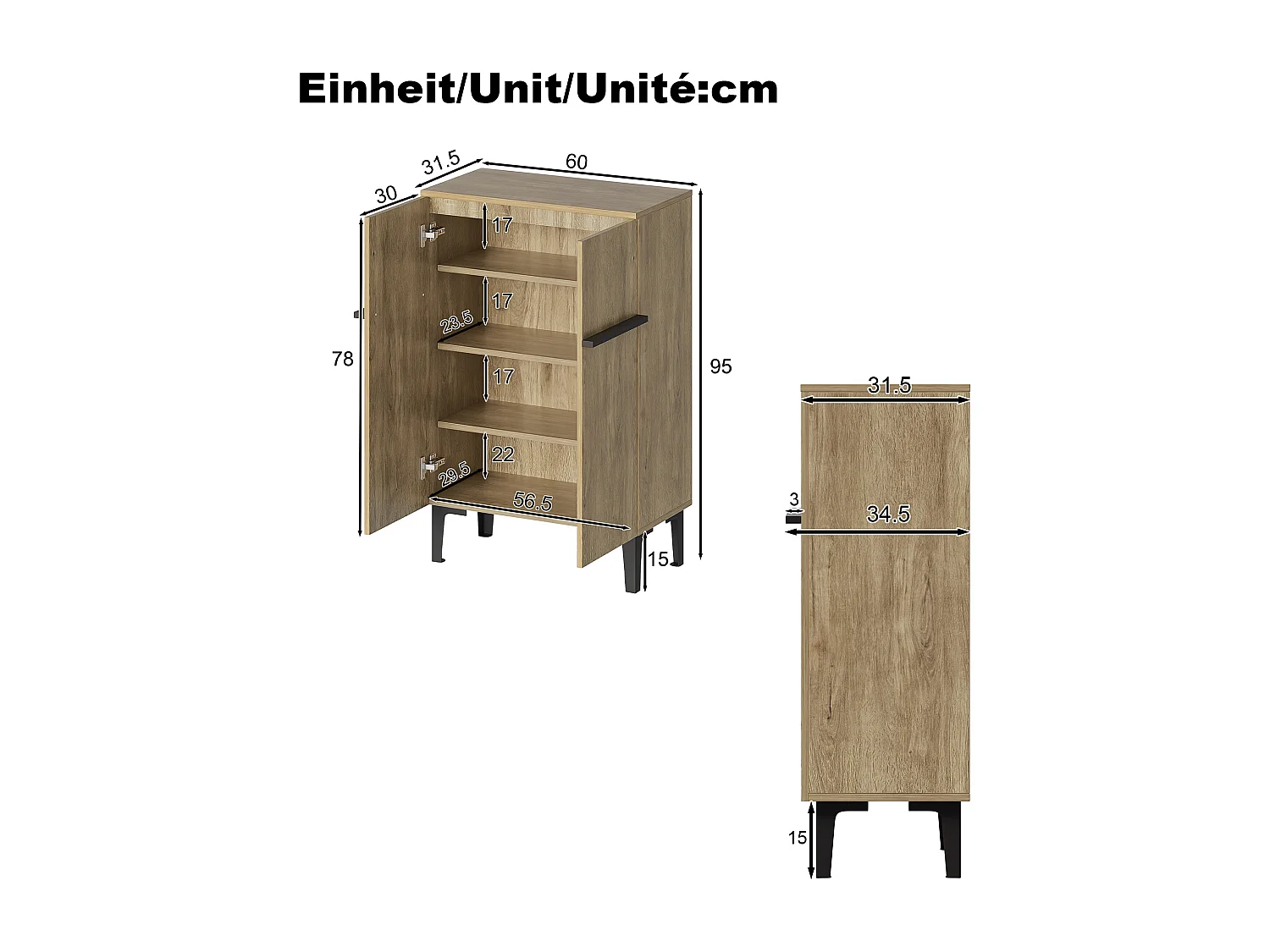 Moderner Schuhschrank für den Eingangsbereich – 60 x 34,5 x 95 cm – mit 2 Türen und verstellbaren Einlegeböden – Spanplatte – natur