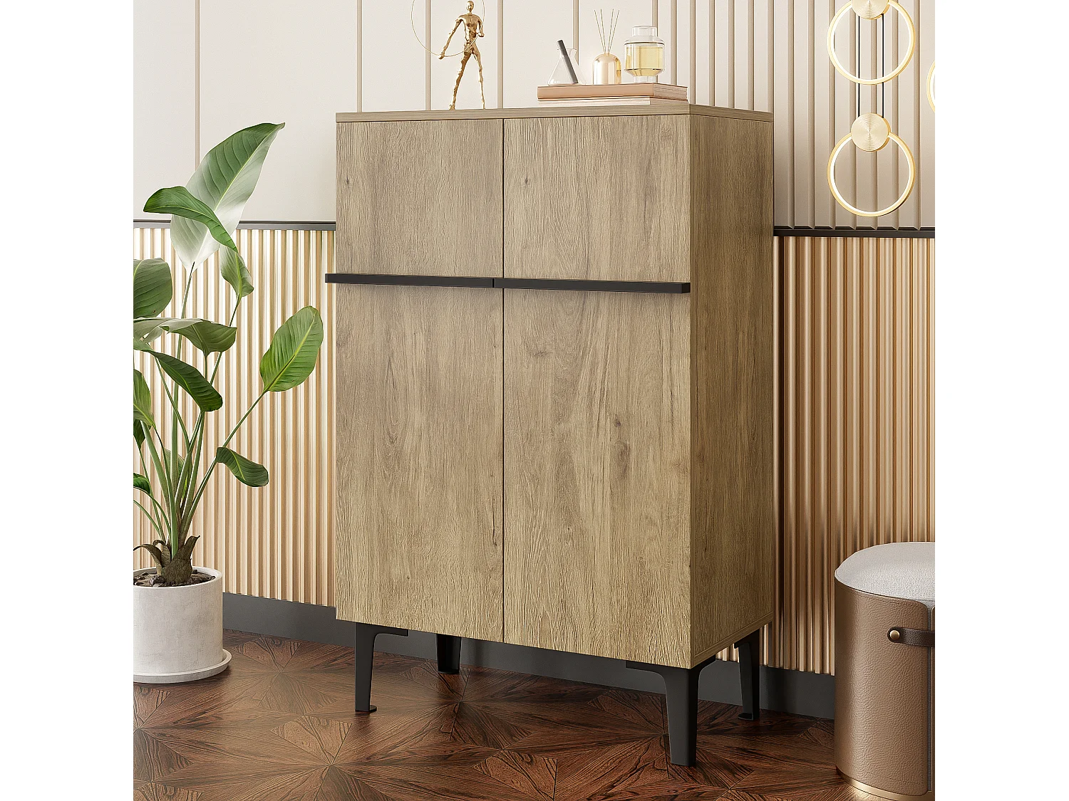 Moderner Schuhschrank für den Eingangsbereich – 60 x 34,5 x 95 cm – mit 2 Türen und verstellbaren Einlegeböden – Spanplatte – natur