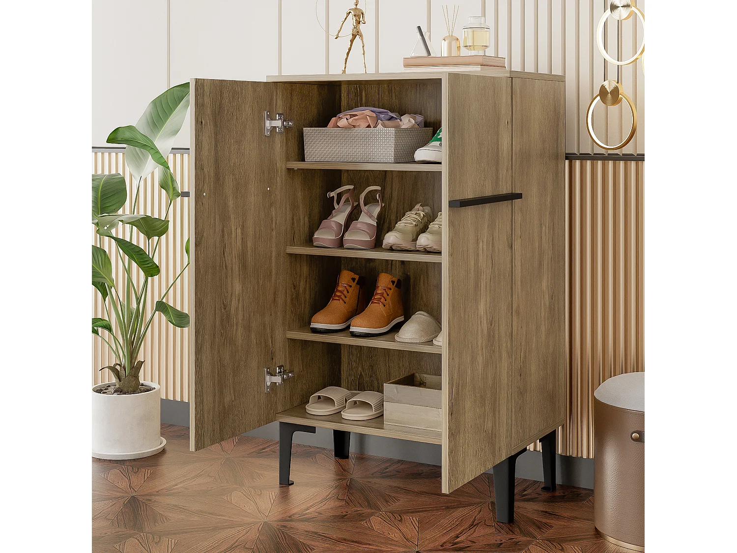 Moderner Schuhschrank für den Eingangsbereich – 60 x 34,5 x 95 cm – mit 2 Türen und verstellbaren Einlegeböden – Spanplatte – natur