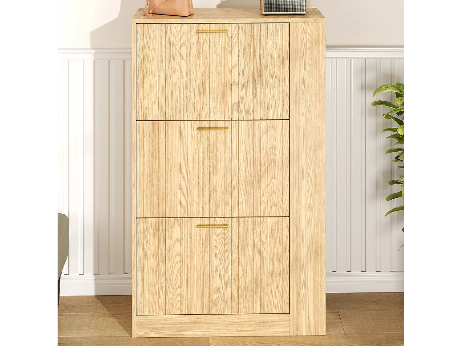 Meuble à chaussures en bois - 70 x 23.5 x 11.5 cm - design à 3 portes + étagères ouvertes - MDF - naturel