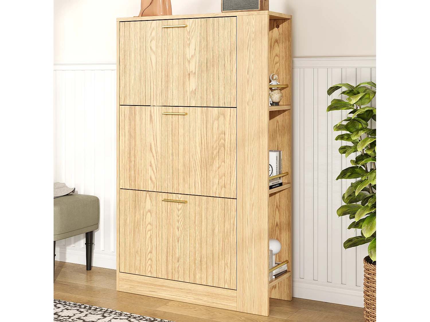 Meuble à chaussures en bois - 70 x 23.5 x 11.5 cm - design à 3 portes + étagères ouvertes - MDF - naturel